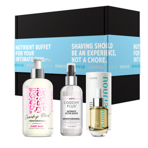 Coochy Plus 3-Steps Kit Intimate Shave Gift Set: NOURIA Pre-Shave Elixir + Coochy Plus Shave Cream Sweet Bliss + COOCHY PLUS After Shave Protection Mist