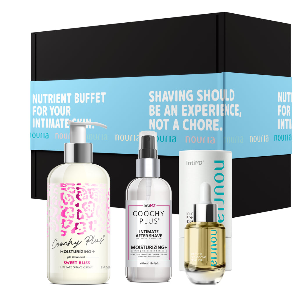 Coochy Plus 3-Steps Kit Intimate Shave Gift Set: NOURIA Pre-Shave Elixir + Coochy Plus Shave Cream Sweet Bliss + COOCHY PLUS After Shave Protection Mist