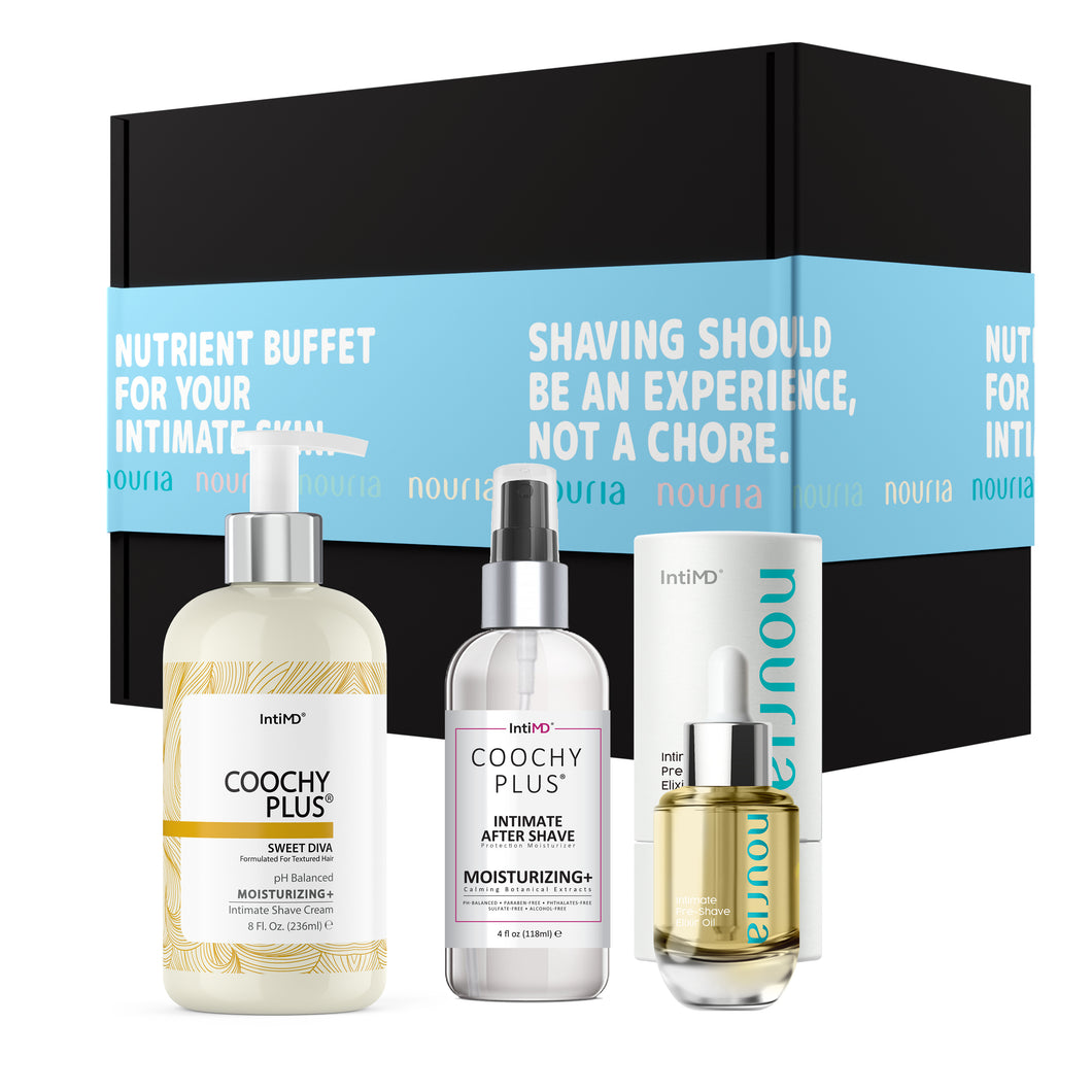 Coochy Plus 3-Steps Kit Intimate Shave Gift Set: NOURIA Pre-Shave Elixir Oil + Coochy Plus Shave Cream Sweet Diva + NOURIA After Shave Protection Mist