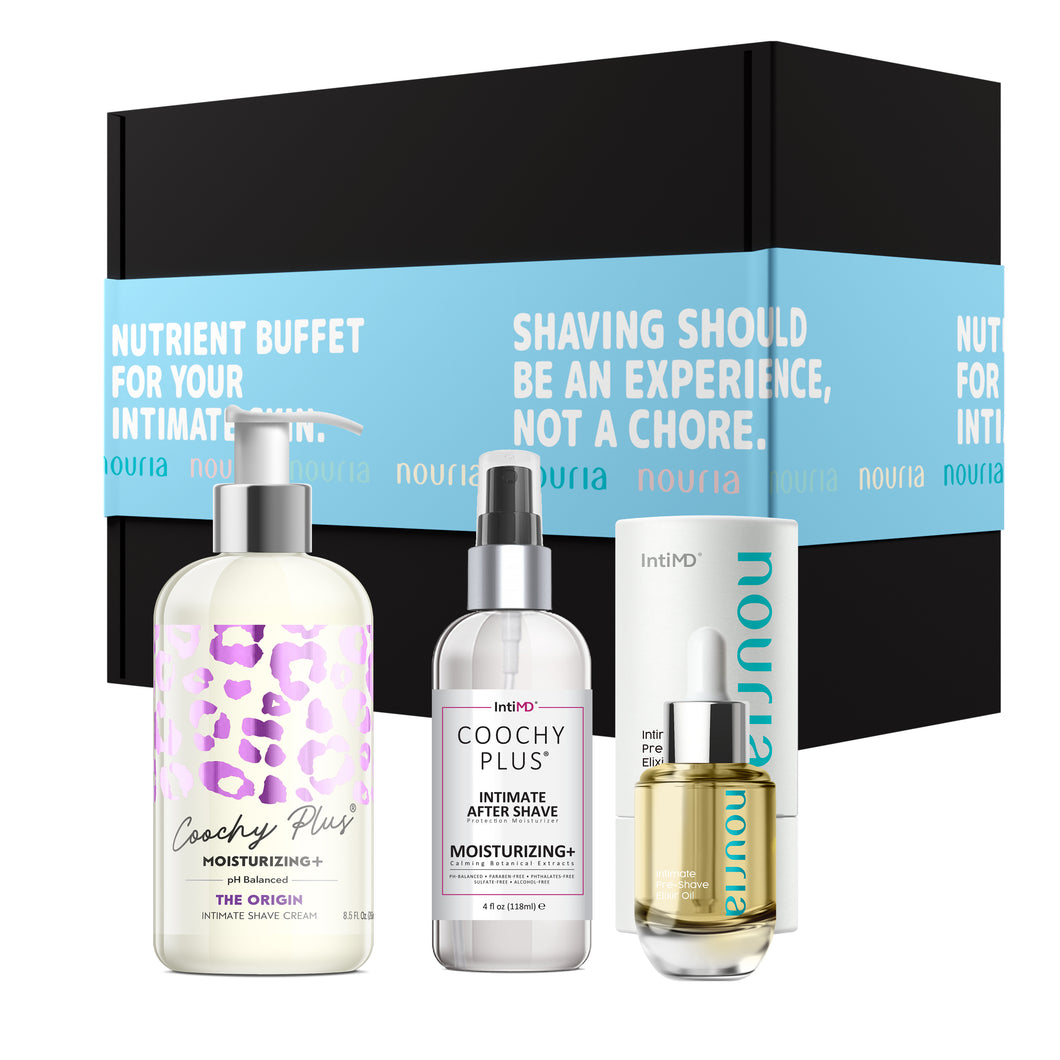 Coochy Plus 3-Steps Kit Intimate Shave Gift Set: NOURIA Pre-Shave Elixir Oil + Coochy Plus Shave Cream The Origin + COOCHY PLUS After Shave Protection Mist