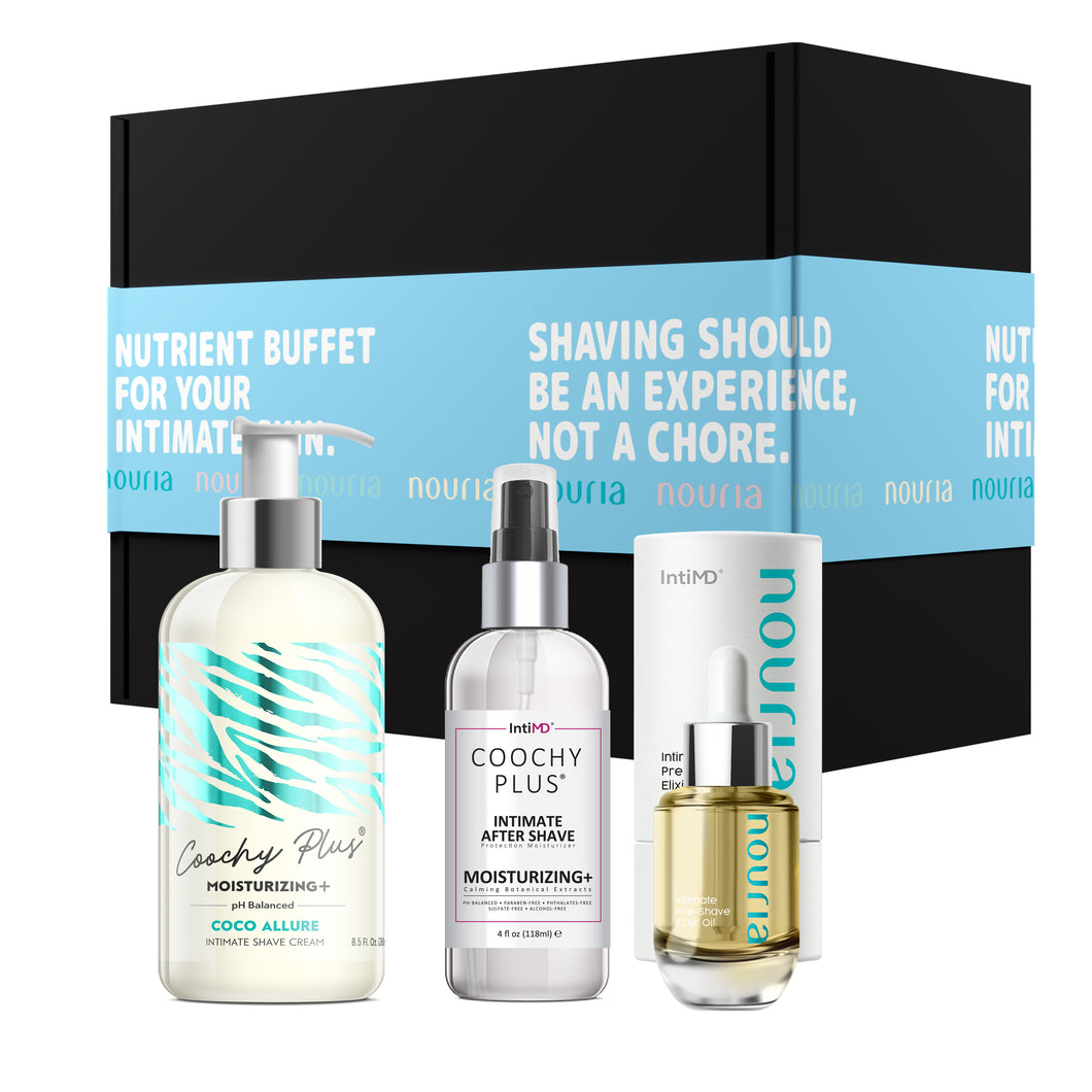 Coochy Plus 3-Steps Kit Intimate Shave Gift Set: NOURIA Pre-Shave Elixir + Coochy Plus Shave Cream Coco Allure + COOCHY PLUS After Shave Protection Mist