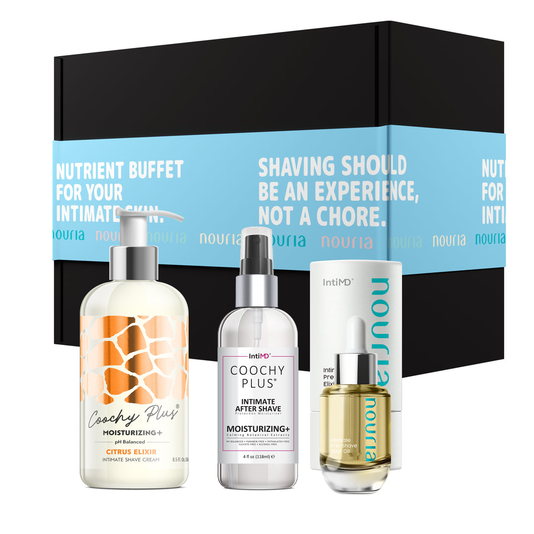 Coochy Plus 3-Steps Kit Intimate Shave Gift Set: NOURIA Pre-Shave Elixir + Coochy Plus Shave Cream Citrus Elixir + COOCHY PLUS After Shave Protection Mist