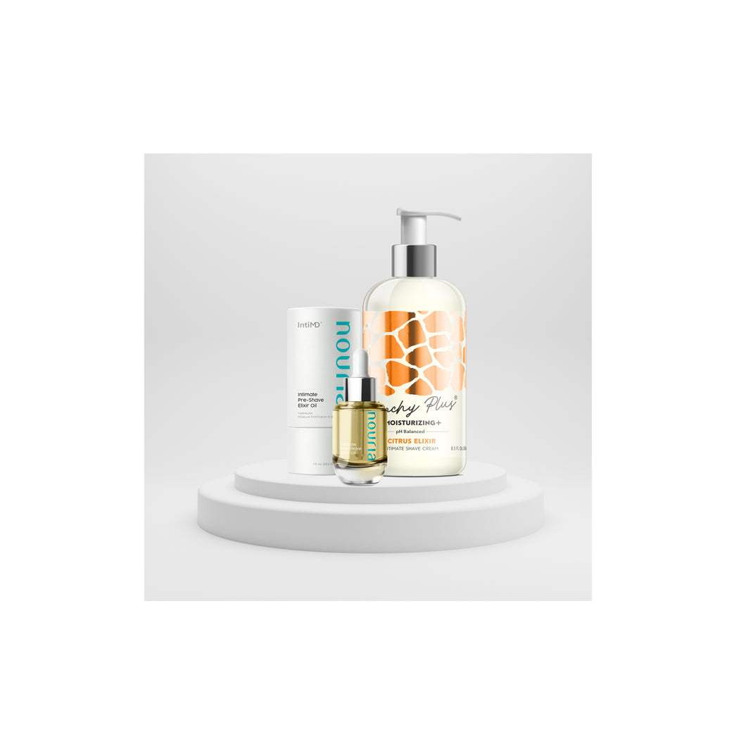 Coochy Plus Intimate Shave Cream Citrus Elixir + NOURIA Pre-Shave Elixir Moisturizer Oil Kit – HydroLock & MOISTURIZING PLUS Continuous Hydration