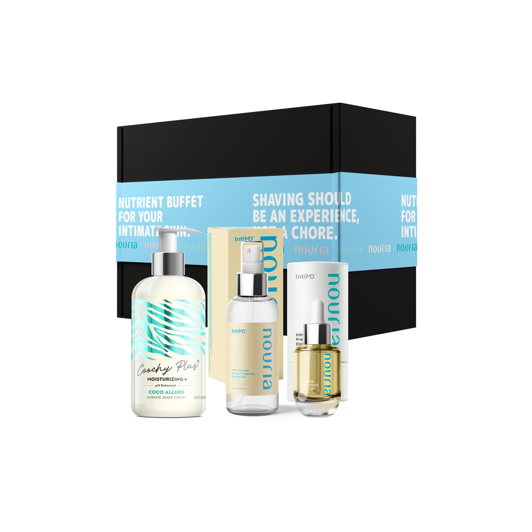 Coochy Plus 3-Steps Kit Intimate Shave Gift Set: NOURIA Pre-Shave Elixir + Coochy Plus Shave Cream Coco Allure + NOURIA After Shave Protection Mist