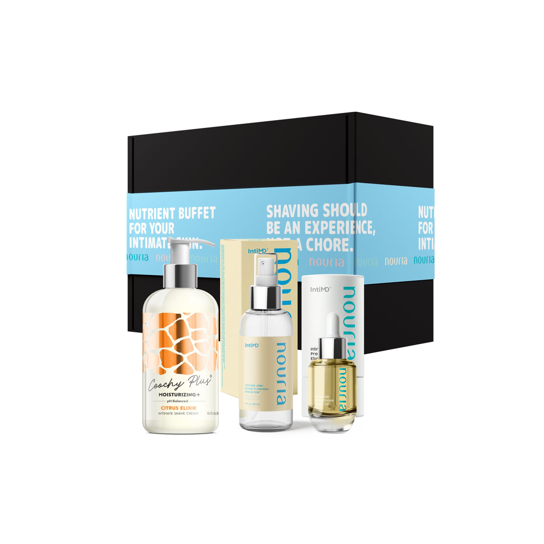 Coochy Plus 3-Steps Kit Intimate Shave Gift Set: NOURIA Pre-Shave Elixir + Coochy Plus Shave Cream Citrus Elixir + NOURIA After Shave Protection Mist